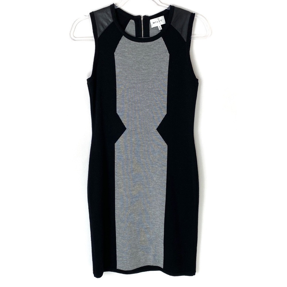 Milly gray and black sleeveless sweater dress with leather shoulders size Med
